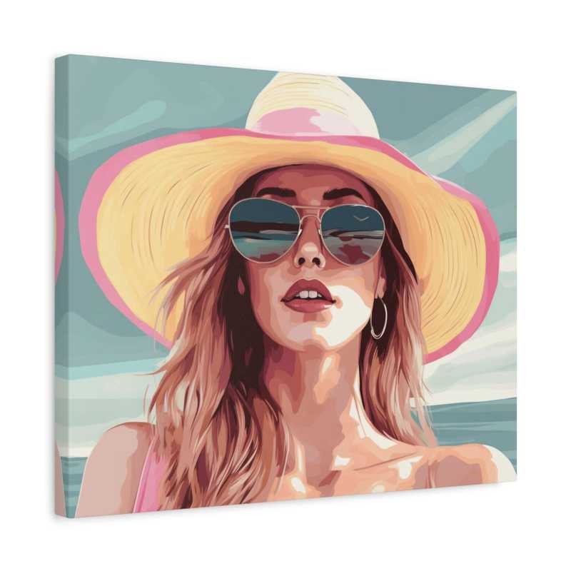 Golden Breeze Paint By Numbers showing a fashionable woman in a sunhat and aviator sunglasses at the beach with ocean waves and soft blue skies in a frame