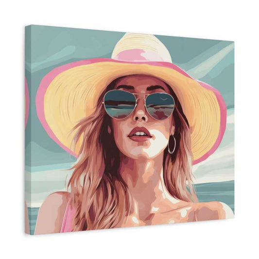 Golden Breeze Paint By Numbers showing a fashionable woman in a sunhat and aviator sunglasses at the beach with ocean waves and soft blue skies in a frame