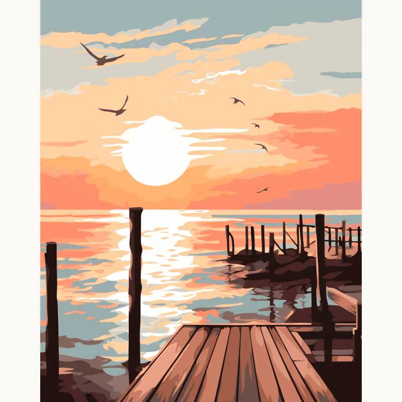 Golden Dock Glow Paint By Numbers artwork showing a peaceful wooden dock under a golden sunset, with calm water and birds flying in a pastel sky.