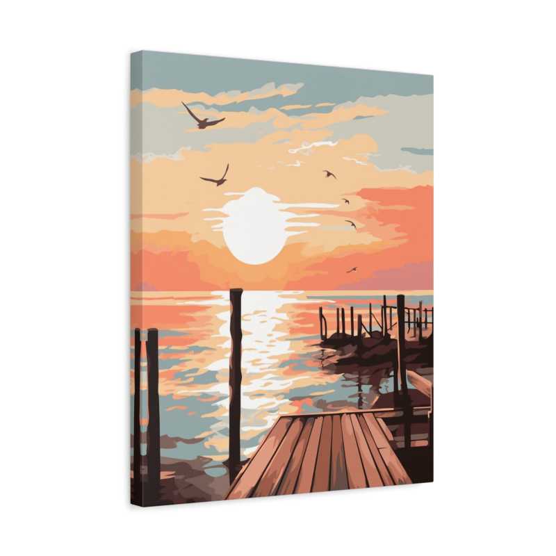 Golden Dock Glow Paint By Numbers artwork showing a peaceful wooden dock under a golden sunset, with calm water and birds flying in a pastel sky shown in a frame.