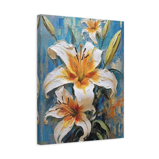 Golden Lilies 3D Flowers Paint By Numbers painting featuring sculpted white lilies with golden yellow and orange centers, surrounded by buds on a blue textured background, shown in a frame
