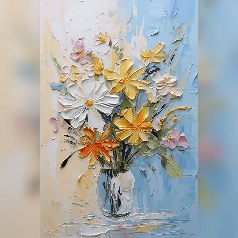 Golden Morning Paint By Numbers kit featuring soft yellow, white, and orange textured flowers arranged in a clear vase against a pastel blue and beige background, perfect for Canadian artists.