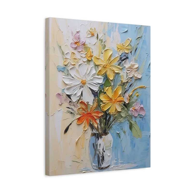 Golden Morning Paint By Numbers kit featuring soft yellow, white, and orange textured flowers arranged in a clear vase against a pastel blue and beige background, perfect for Canadian artists shown in a frame
