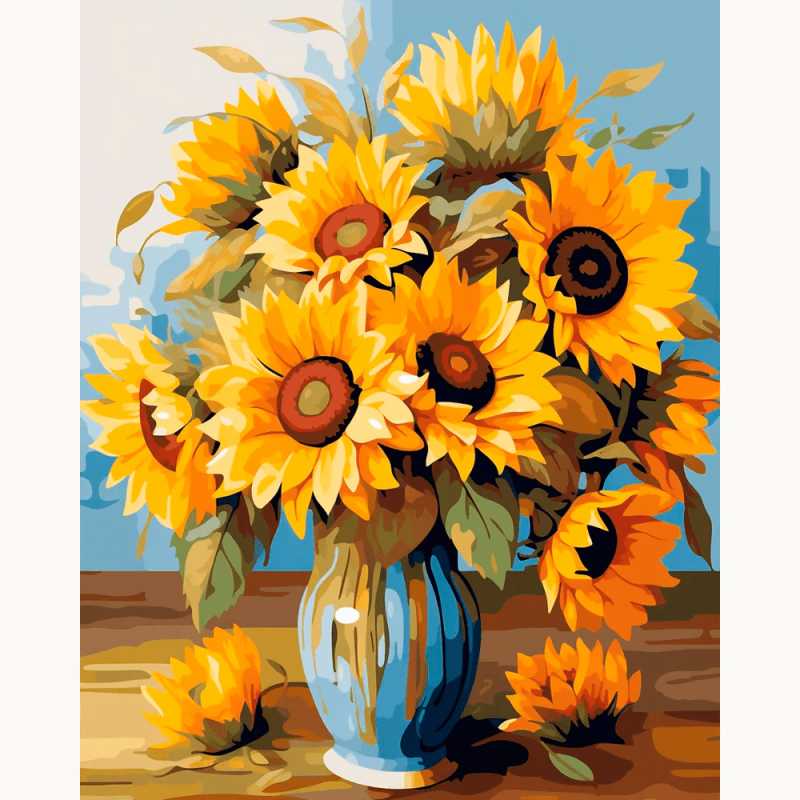 Golden Morning Paint By Numbers artwork showing a vibrant bouquet of sunflowers in a blue vase, set against a soft blue background with rustic tones.