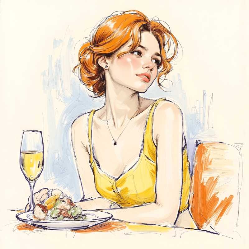 Minimalist illustration of a red-haired woman in a yellow dress sitting quietly at a table with a meal and drink, ideal for Paint By Numbers fans in Canada.