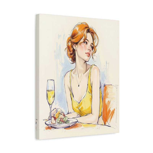 Minimalist illustration of a red-haired woman in a yellow dress sitting quietly at a table with a meal and drink, ideal for Paint By Numbers fans in Canada shown in a frame