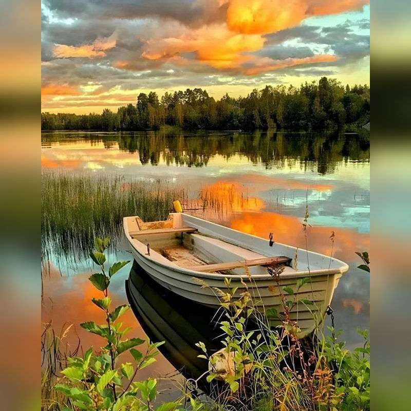 Rowboat by a calm lake reflecting a golden sunset and sky – Golden Reflections Paint By Numbers Kit Canada
