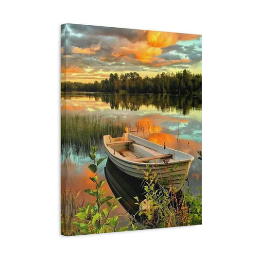 Rowboat by a calm lake reflecting a golden sunset and sky – Golden Reflections Paint By Numbers Kit Canada shown in a frame
