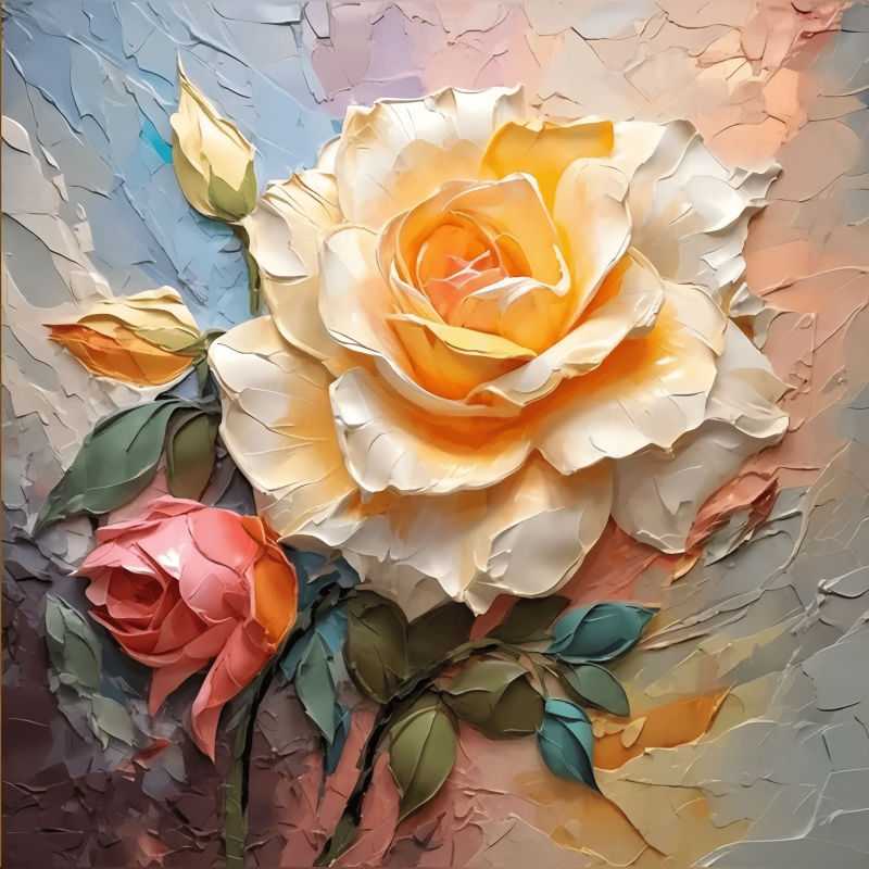 Golden Rose Paint By Numbers painting featuring a textured yellow and pink rose bouquet with sculpted brush strokes and vivid floral colors