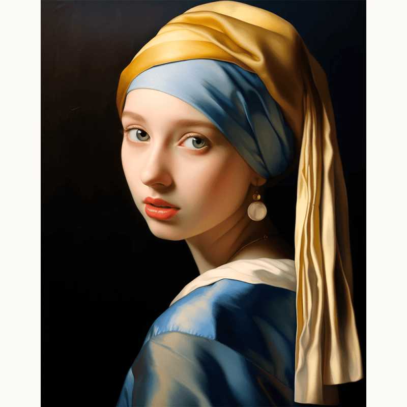 Graceful Gaze Paint By Numbers kit showing a classic-style portrait of a young woman with a golden scarf and soft lighting