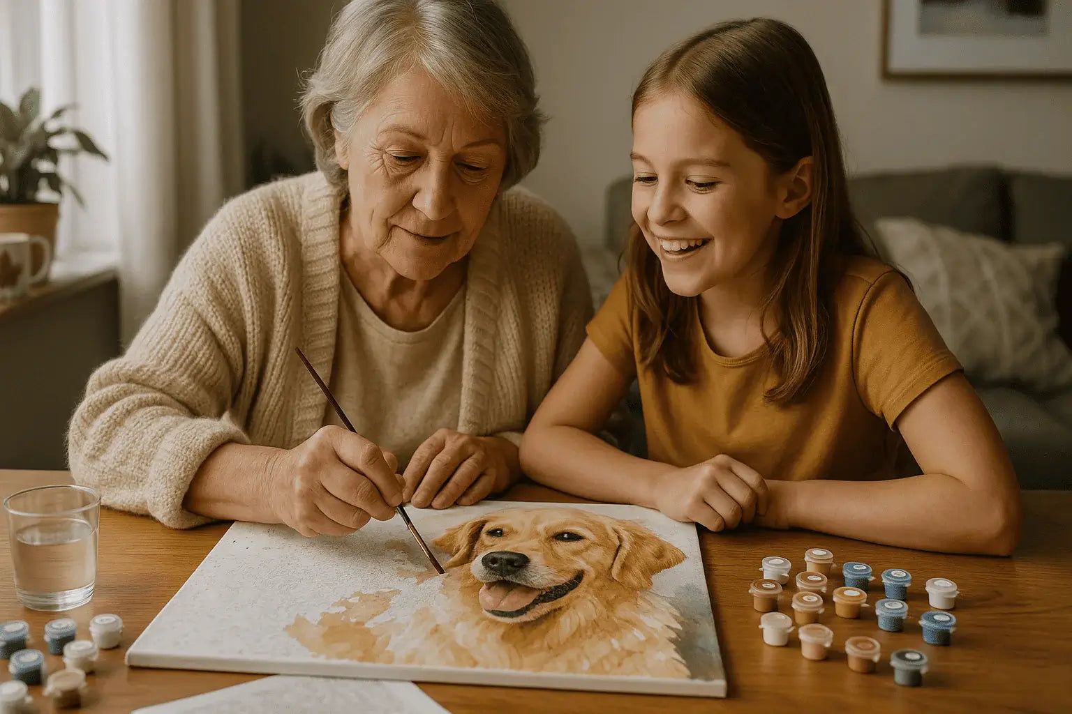 A home setup where a grandmother and granddaughter are enjoying a paint by numbers Canada painting kit with a smile on granddaughters face while the grandmother is holding a brush and enjoying.