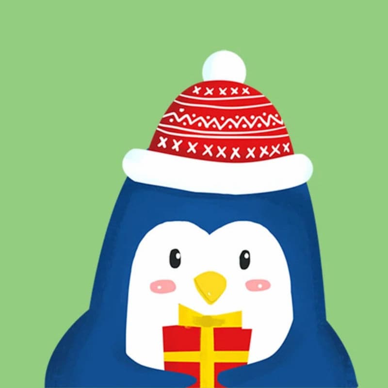 Penguin with a red and white patterned hat and a gift on a green background