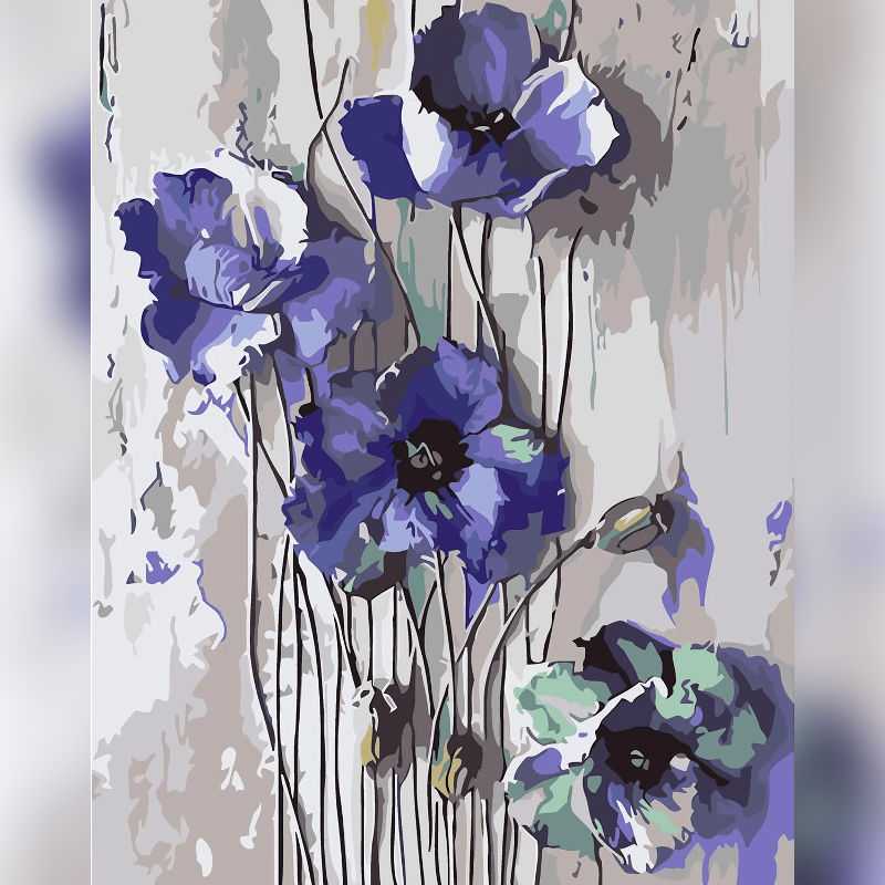 Indigo Whispers Paint By Numbers kit featuring elegant blue, indigo, and muted green flowers with delicate stems against a modern soft background, perfect for Canadian artists.