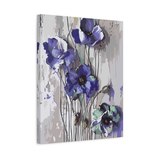 Indigo Whispers Paint By Numbers kit featuring elegant blue, indigo, and muted green flowers with delicate stems against a modern soft background, perfect for Canadian artists shown in a frame