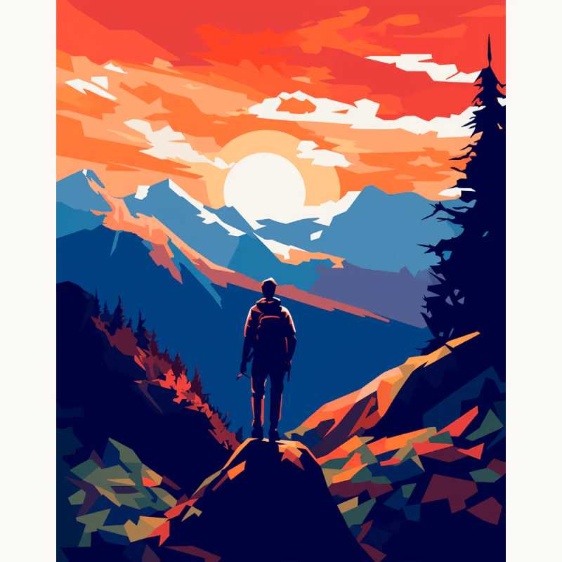 Into the Horizon Paint By Numbers artwork featuring a lone hiker admiring vivid mountain peaks under a dramatic sunrise sky, perfect for Canadian art lovers.