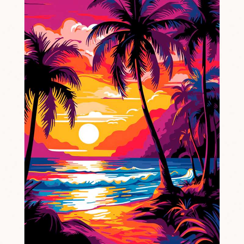 Island Glow Paint By Numbers painting featuring a vivid tropical sunset with palm trees, crashing waves, and glowing skies in vibrant orange, pink, and purple hues.