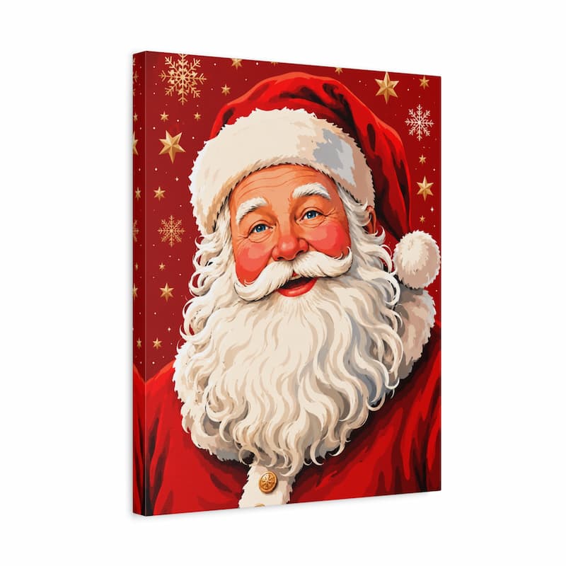 A square canvas print featuring a festive illustration of Santa Claus with a long white beard, red suit, and gold stars and snowflakes on a red background, shown at a slight angle against a white backdrop.