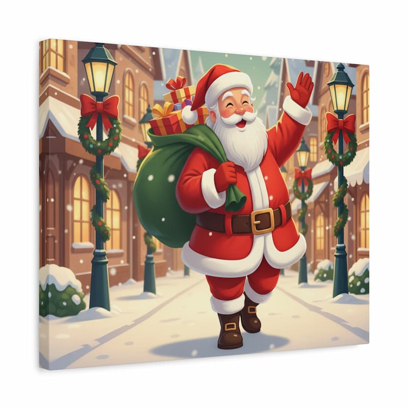 Cartoon Santa Claus with gifts in a snowy village setting