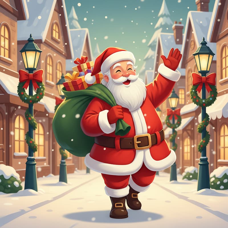 Illustration of Santa Claus in a snowy village street with decorated lampposts and houses.