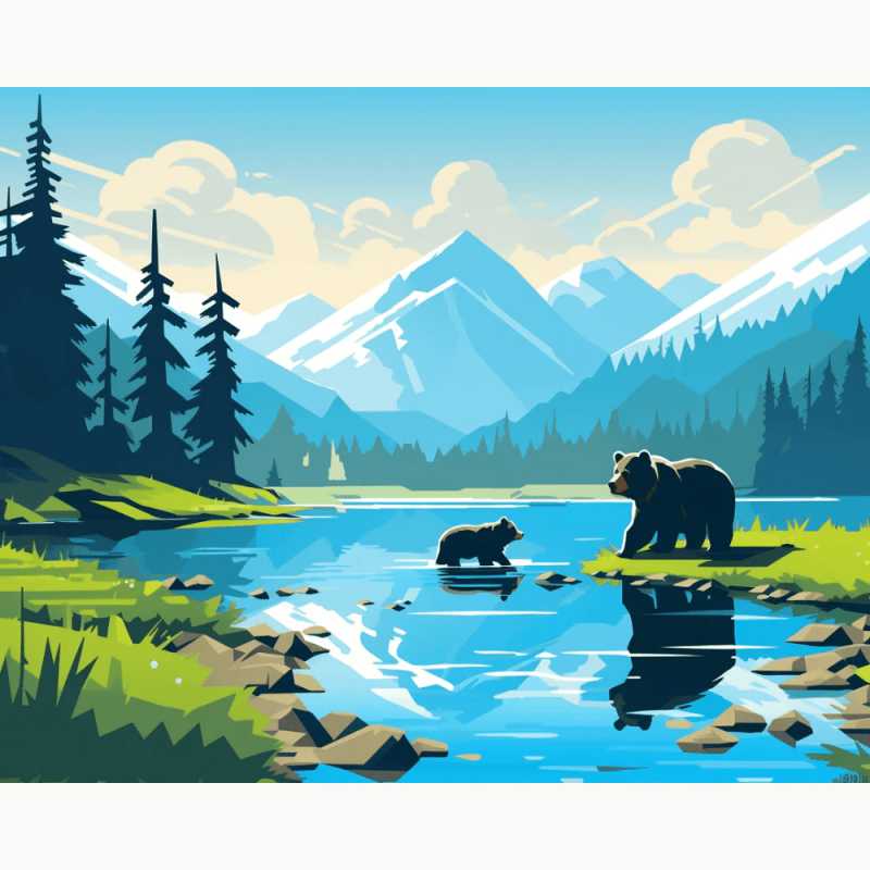 Lake Side Family Paint By Numbers painting featuring a mother bear and cub beside a calm mountain lake, surrounded by pine trees and Canadian peaks.