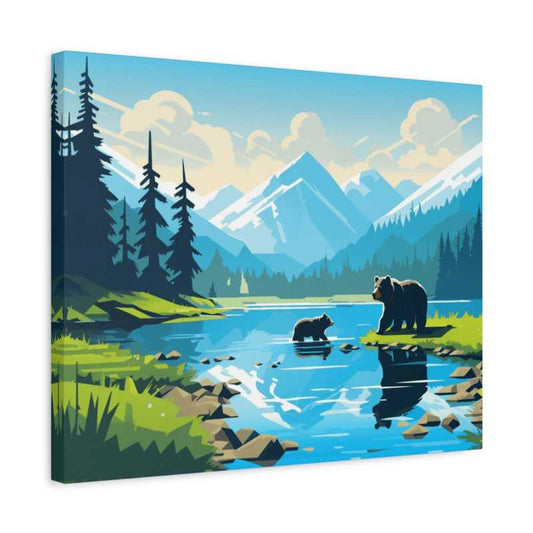 Lake Side Family Paint By Numbers painting featuring a mother bear and cub beside a calm mountain lake, surrounded by pine trees and Canadian peaks shown in a frame.