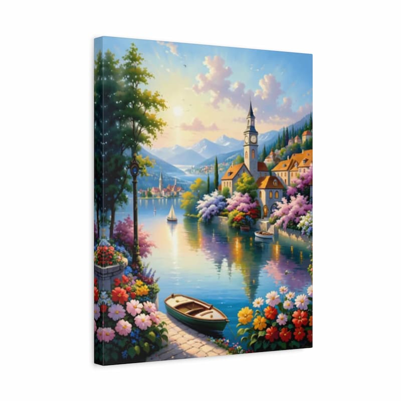 Canvas print of a scenic painting with a lake, village, and clock tower.