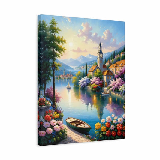 Canvas print of a scenic painting with a lake, village, and clock tower.