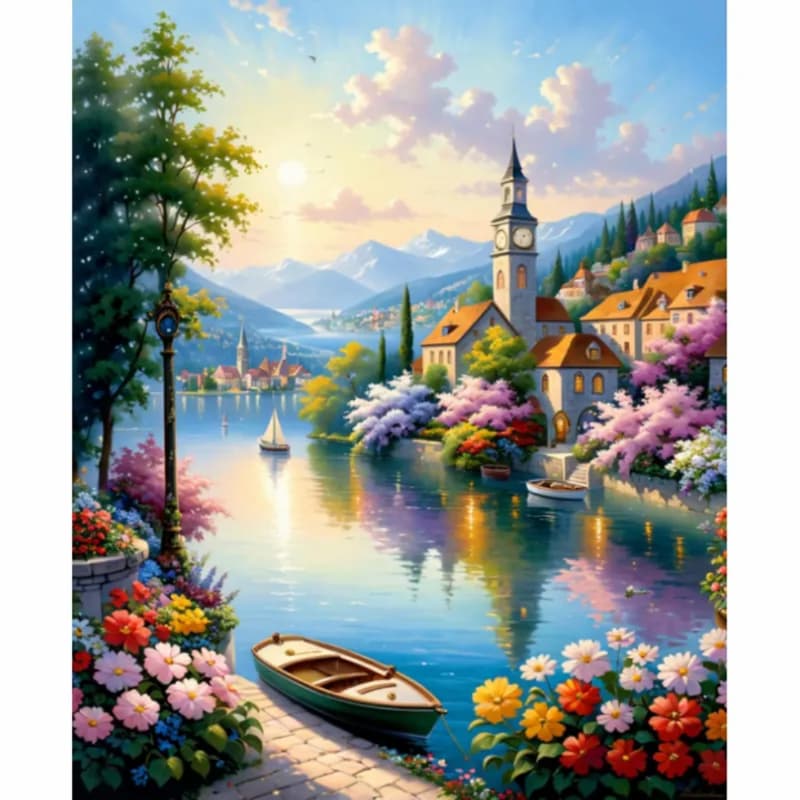 Painting of a scenic lakeside town with flowers and boats.