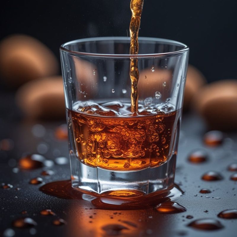 Paint By Numbers image of a glass being filled with a golden-brown drink, creating bubbles and splashes on a dark tabletop, modern and dramatic still life.