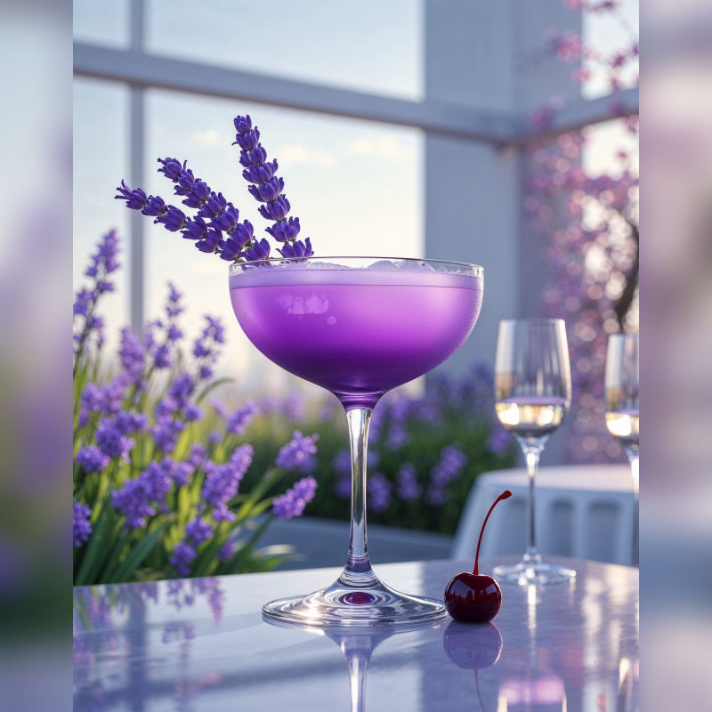 Paint By Numbers scene of a lavender-colored cocktail in a coupe glass garnished with fresh lavender sprigs and a cherry, kept on a table