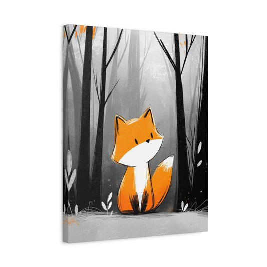 Cute cartoon fox sitting in a grayscale forest with pops of orange on the trees and its fur shown in a frame