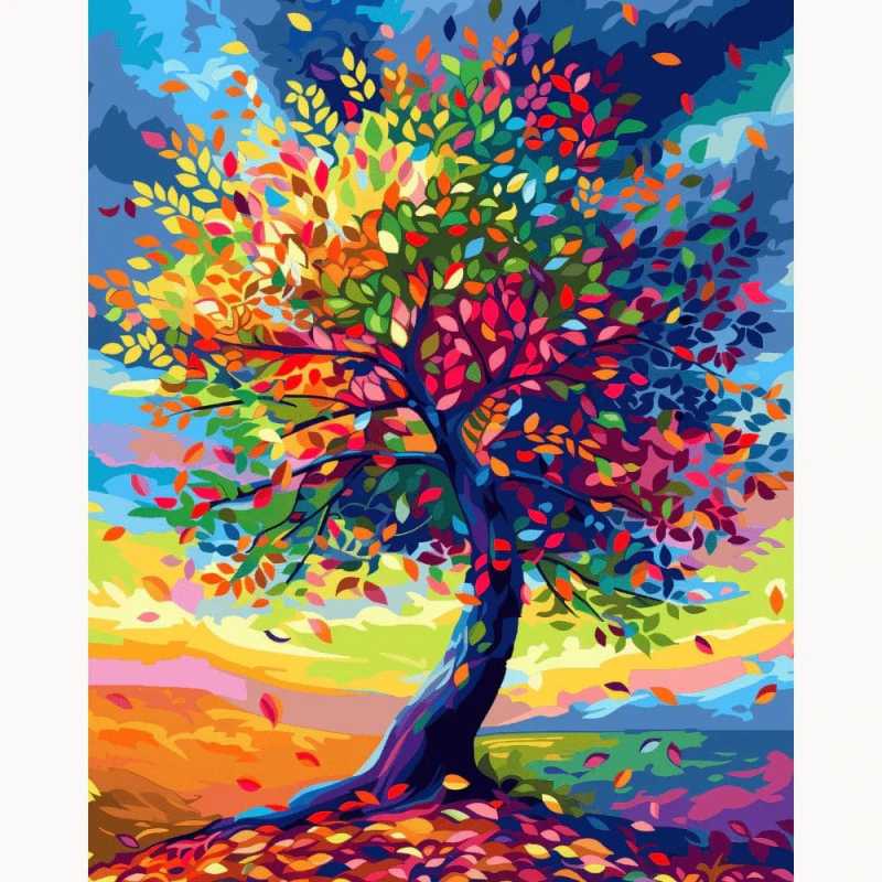 Vibrant paint by numbers canvas featuring a stylized tree with multicolored leaves in a sweeping motion, set against a bold, abstract rainbow sky and colorful ground.