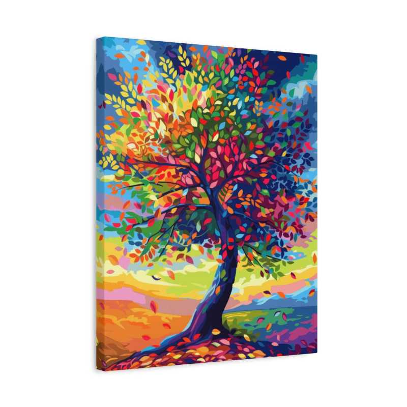 Vibrant paint by numbers canvas featuring a stylized tree with multicolored leaves in a sweeping motion, set against a bold, abstract rainbow sky and colorful ground shown in a frame