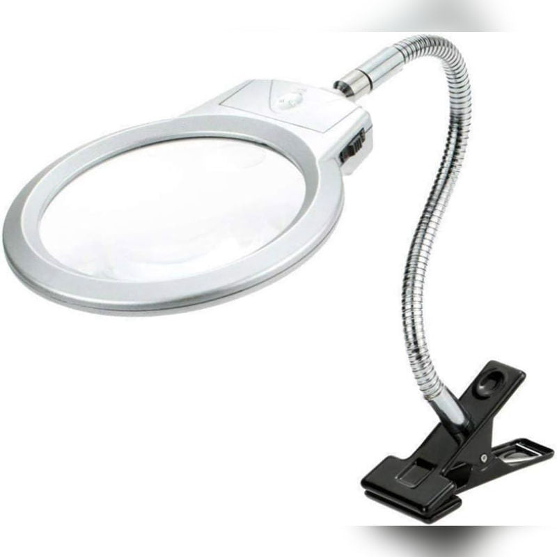 Clip-on LED magnifying glass with light and flexible gooseneck for hands-free crafting, painting, or reading
