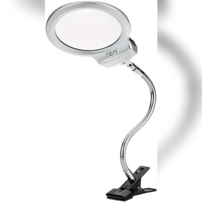 Adjustable clip-on LED magnifier lamp with flexible gooseneck and dual lens for crafts, reading, and detailed work