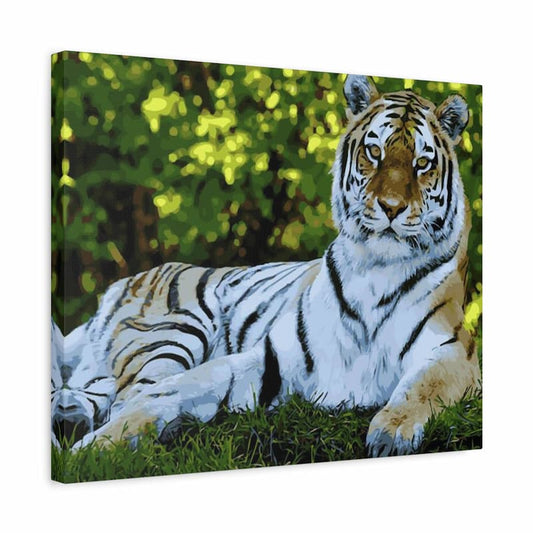 A square canvas wall art print depicting a realistic tiger lying on grass with a green forest background, shown at a slight angle against a white studio backdrop.
