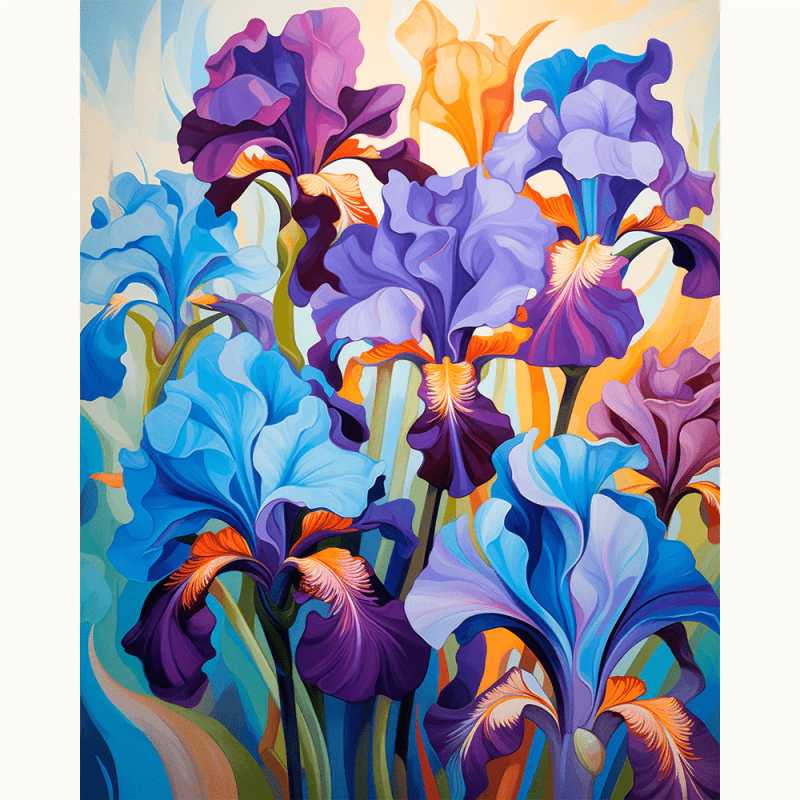 Majestic Irises Paint By Numbers painting featuring rich shades of purple, blue, and orange irises blooming in a lively garden scene, perfect for Canadian art lovers.