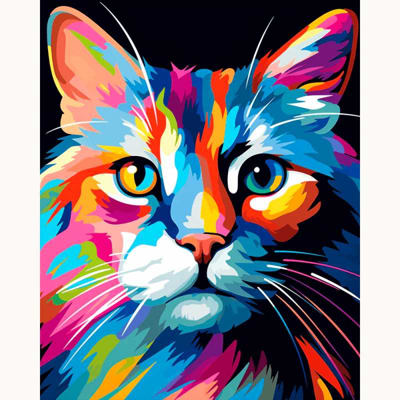 Majestic Whiskers Paint By Numbers showing a close-up of a colorful, long-haired cat with vibrant fur and expressive eyes.