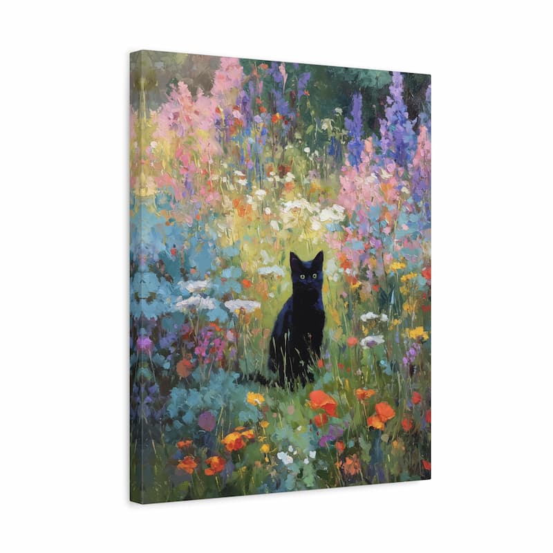 Canvas print of a black cat in a colorful floral field