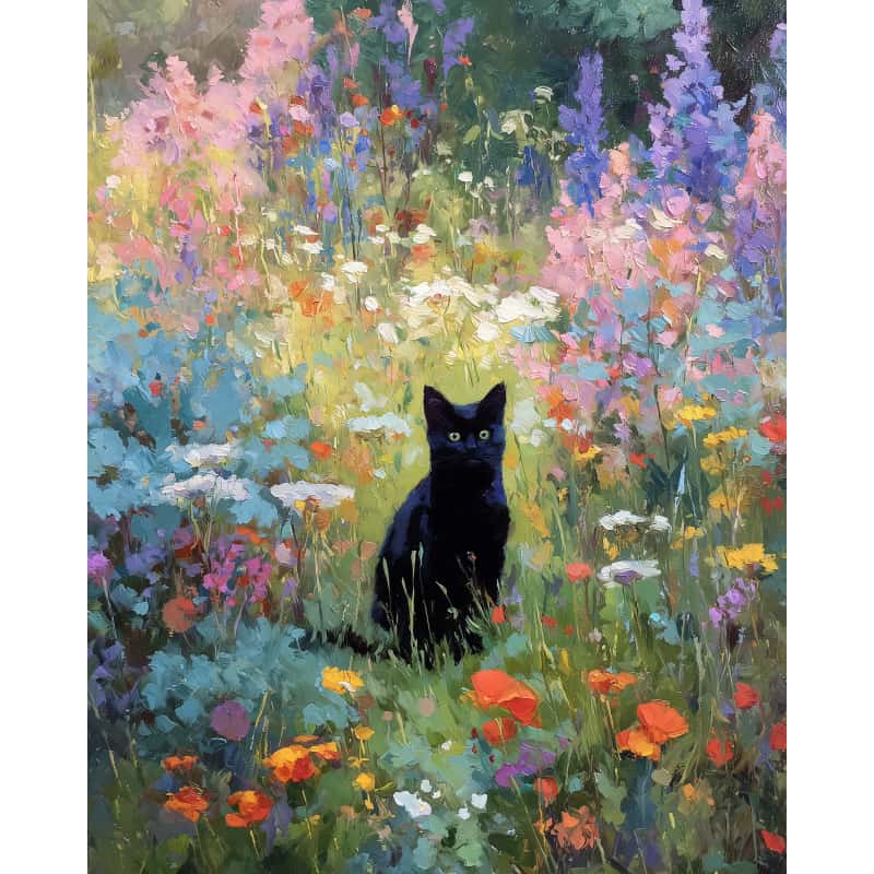 Painting of a black cat in a colorful flower garden