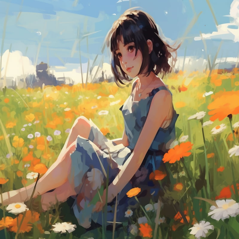 Paint by numbers artwork of a girl in a blue dress sitting peacefully in a meadow of daisies and orange flowers under a bright summer sky