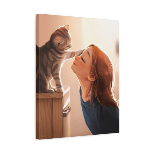 Young woman smiling as her tabby cat gently touches her face with its paw, in a warm sunlit room shown in a frame.