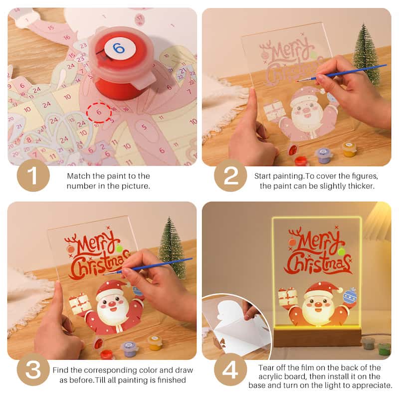 Step-by-step tutorial on creating a Christmas-themed light-up board with paint and adhesive film.