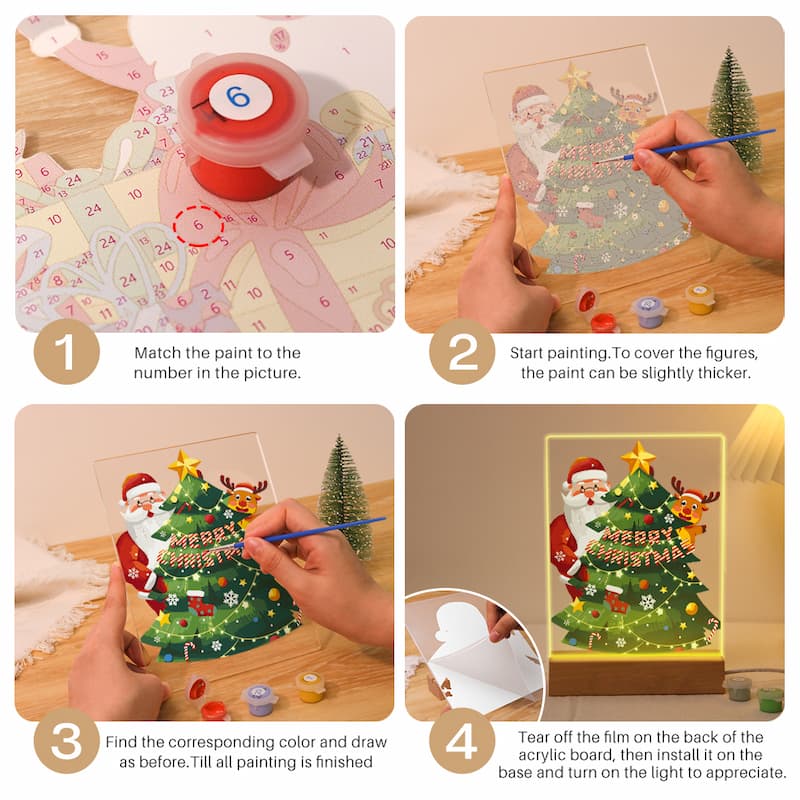 Step-by-step guide to creating a Christmas-themed acrylic board painting with paint and brush.