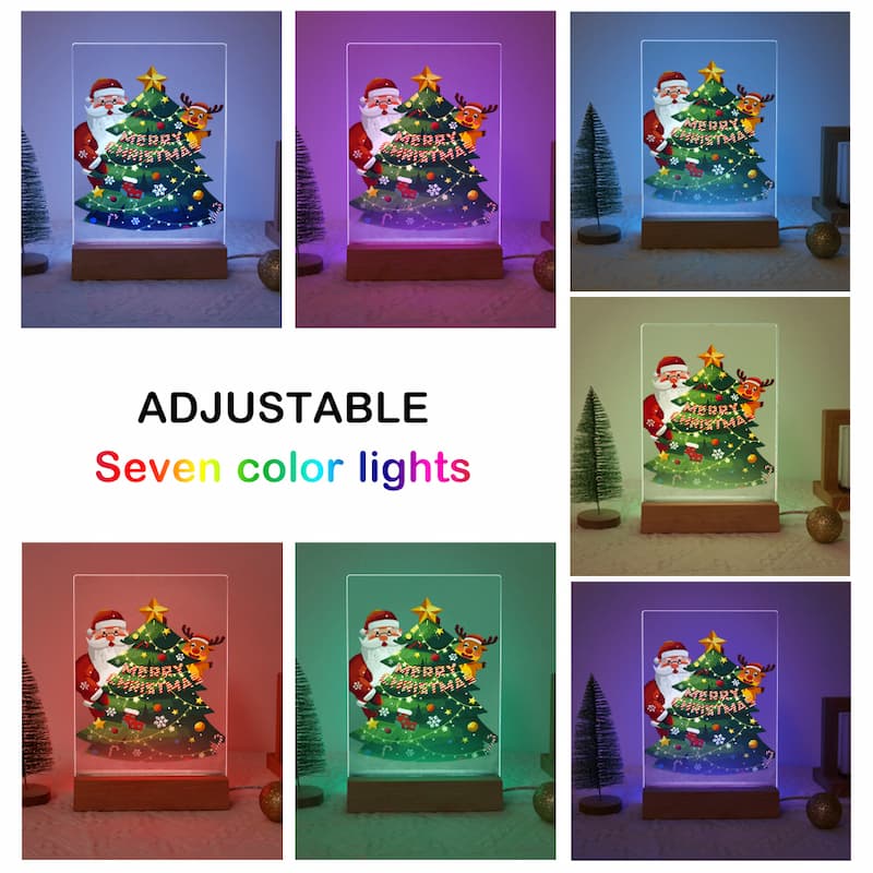 Collage of a Christmas-themed light display with adjustable seven-color lights.