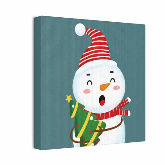 Cartoon snowman with a red and white striped hat and green gift on a blue background