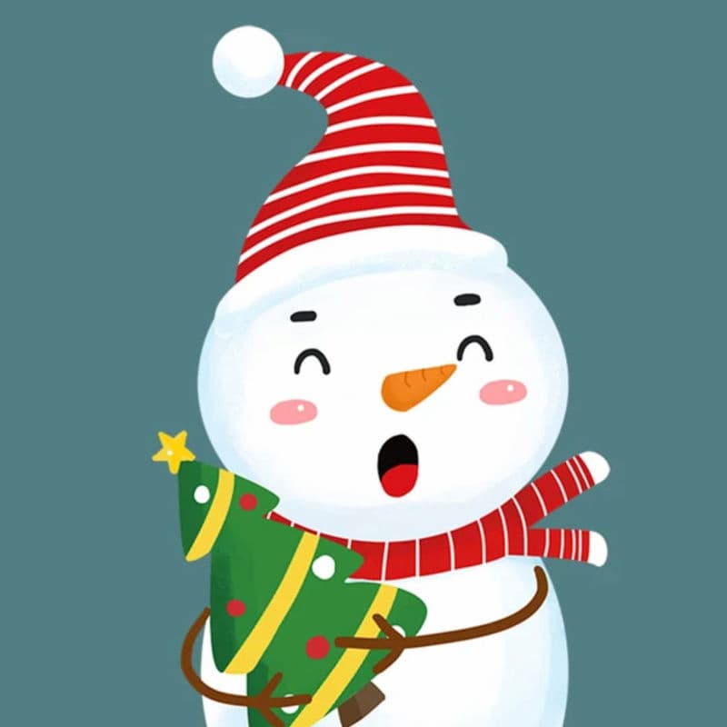 Cartoon snowman with a red and white striped hat, green tree, and red scarf on a blue background