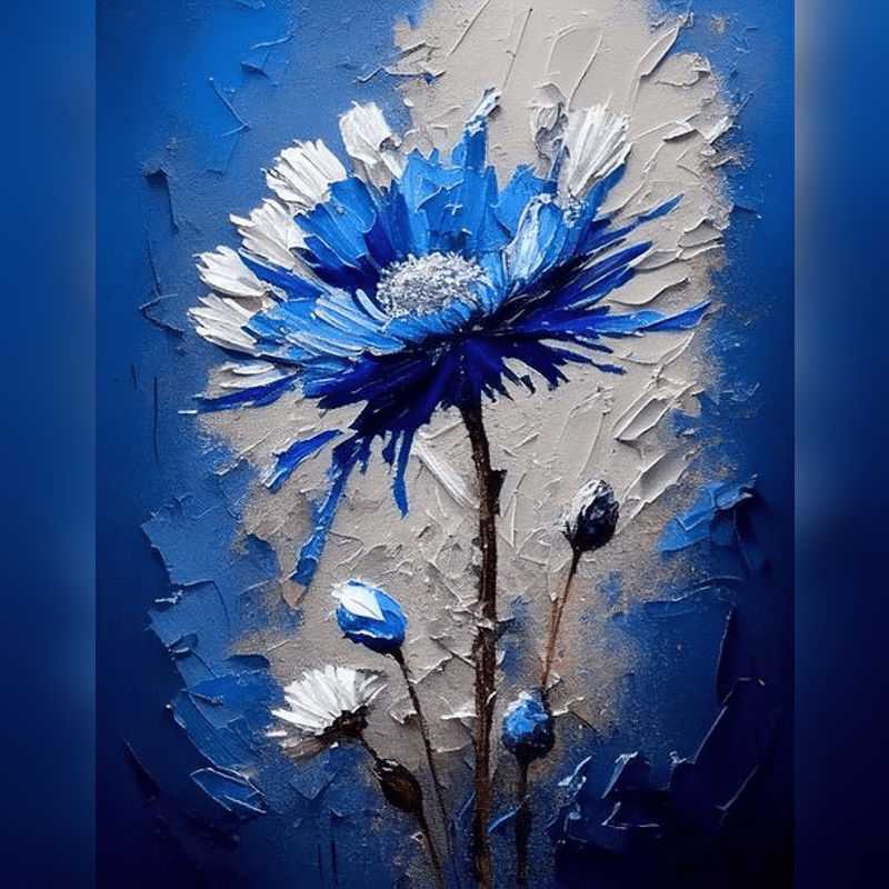 Midnight Bloom Paint By Numbers kit showcasing a majestic blue and white textured flower with a dramatic gradient blue-to-grey background, perfect for Canadian artists.