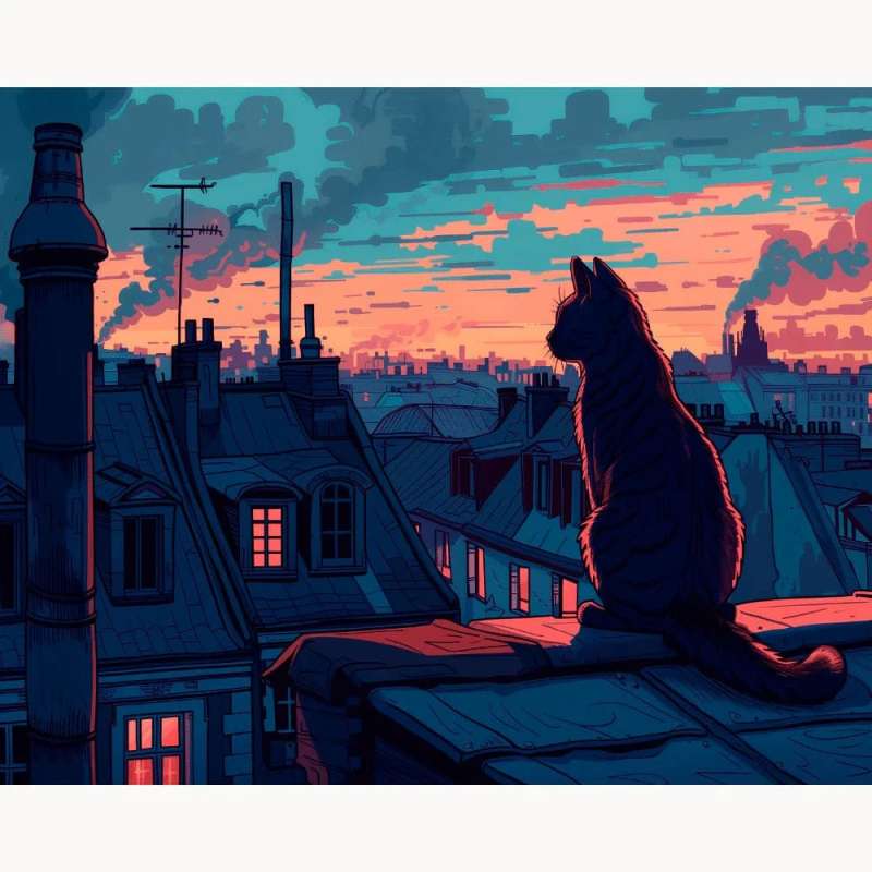 Midnight Cat Paint By Numbers Kit featuring a cat sitting on a rooftop during a vivid sunset over a quiet cityscape