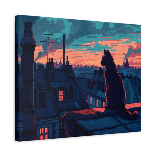 Midnight Cat Paint By Numbers Kit featuring a cat sitting on a rooftop during a vivid sunset over a quiet cityscape shown in a frame